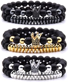 3-Piece Zircon Crown King Themed Charm Bracelets Set with Bead Chain, Natural Stone - Hematite and Black Matte Onyx Material, Crafted in Copper for Both Men and Women