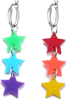 Star Rainbow Chain Resin Hoop Earrings with Lever Back for Women and Girls - Unique Asymmetric Multicolor Alloy Accessory