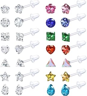Push Back Cubic Zirconia Clear Stud Earrings - Stainless Steel and Acrylic, Hypoallergenic for Women and Girls - GIFIKOI 14-Pair Stylish Set