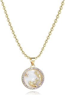 C-Link Chain Zodiac Pendant Necklace with Lobster Claw Clasp for Girls & Women, Gold Opal Round Design Featuring Astrological Constellations & Birthstones