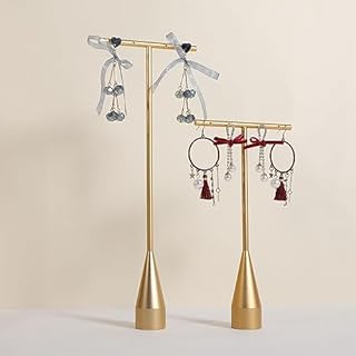 GemeShou Gold-Crafted 2pc Hoop Earring Holder Stand Set in Washable, Portable Metal for Women - T-Design for Boutique Stores and Personal Use