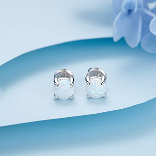 Hypoallergenic Earrings for Women: 925 Sterling Silver Rainbow Moonstone/Opal/Turquoise Screw Back Stud Earrings for Sensitive Ears Small Round Earrings Christmas Mother Day Jewelry Gifts (5mm/7mm)