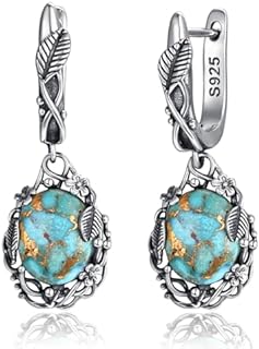 Teal/Blue/Purple Oval Turquoise Dangle Earrings for Women Leaf Vine Flower Latch Back 925 Sterling Silver Earring Vintage Oxidised Boho Turquoise Jewelry Valentines Day Gift for Girlfriend