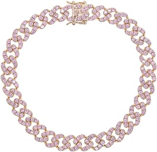 Lobster Claw Clasp Pink Anklet with Gold Plated Copper Miami Cuban Link Chain, AAA Cubic Zirconia for Women, 9" or 10" Lengths Available, Elegant Summer Jewelry Design