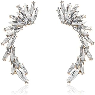 Diamond-Studded Crystal Leaf Climber Earrings with Zinc Metal & Clip-On Back Finding for Women & Girls: Elegant Design