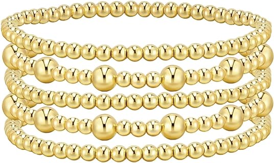 14K Gold Non-Tarnish Stretch Bracelet Set with Rhinestone Studded Beads for Women, 6PCS Stackable Bead Chain Design