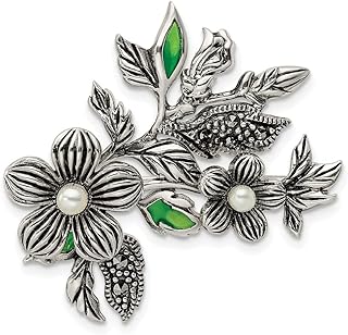 24.6mm 925 Sterling Silver Freshwater Cultured Pearl Green Enamel Marcasite Floral Pin Brooch Jewelry for Women