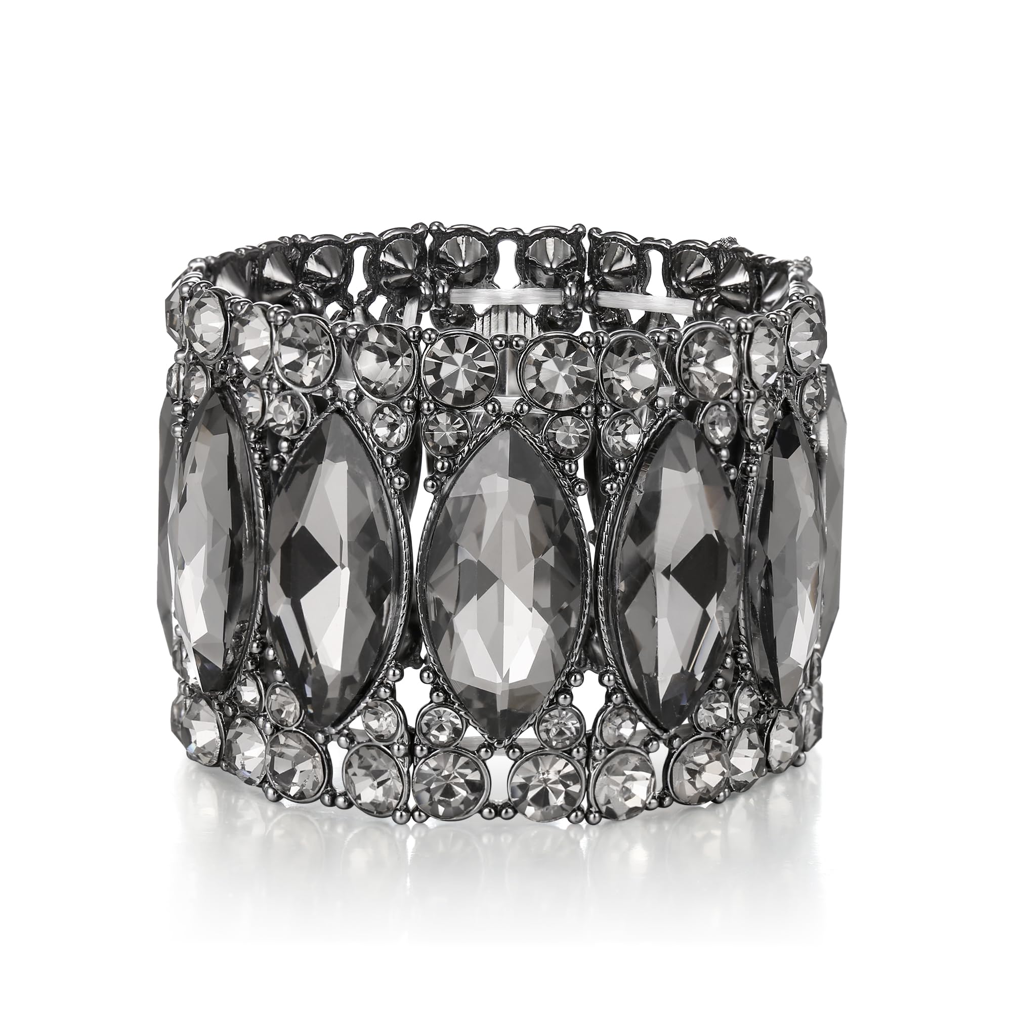 BriLove Wedding Bridal Elegant Crystal Double Row Rhinestones Marquise Cluster Stretch Bangle Bracelet for Bride