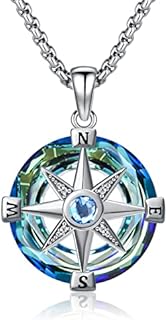 Sterling Silver Compass Locket Necklace with Box Chain and Lobster Claw Clasp, Embellished with Crystals for Unisex - Ideal for Anniversaries and Birthdays