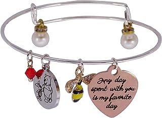 Winnie the Pooh Charm Bracelet with Bead and Link Chain, Bolo Clasp - Inspirational Stainless Steel Friendship Jewelry