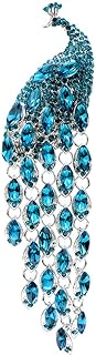 Mlouye Silver Tone Peocock Brooch Pendant Long Dangling Turquoise Crystals Large Statement Rhinestone Insect Brooches Pins Broaches for Women Winter Holiday