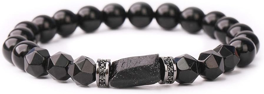 Handmade Natural Stone Black Tourmaline & Black Onyx Beaded Bracelet Men's and Women's