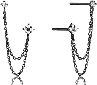 Gold-Plated Double Stud Chain Earrings with French Wire Back, Silver Four Zircons Flower Design for Women - Ideal Party and Holiday Jewelry Gift