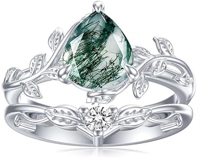 10K 14K 18K Solid Gold Natural Moss Agate Ring Set Inspired Leaf Moss Agate Engagement Ring Set Vintage Unique Moss Agate Bridal Wedding Ring Set Size 4-12.5