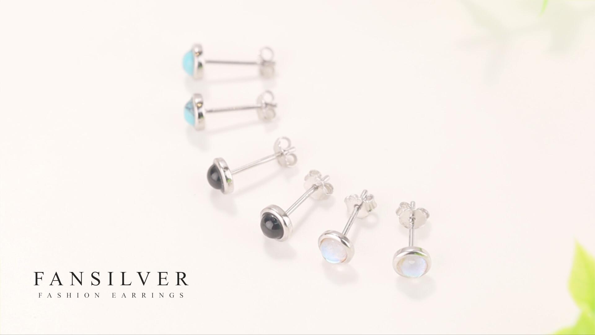 925 Sterling Silver Stud Earrings for Womens Teens Moonstone Earrings Turquoise Black Earrings Round Gemstone Stud Gift Christmas Valentine’s Day
