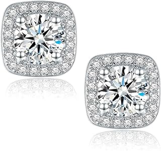 Verona Sterling Silver Cubic Zirconia Stud Earrings with Push Back for Women, White Gold Plated Square Round Design