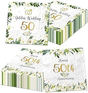 Juweked 50th Wedding Anniversary Napkins - 40Pcs White and Gold Floral Decorations Made from Quality Thick Paper for Weddings, Anniversaries, and Celebrations