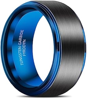 Comfort-Fit Men's Tungsten Carbide Wedding Ring with Blue Carbon Fiber Inlay and Bevelled Edges - Available in 6mm, 8mm, 10mm Widths