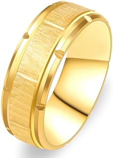 Brushed Gold Titanium Steel Engagement Ring with Grooved Brick Design for Men - Comfort Fit, Size 6-11