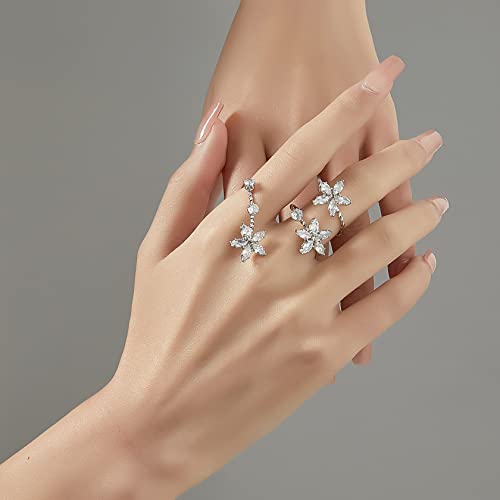 Two-Finger Statement Ring for Women, Fashion CZ Crystal Finger Adjustable Rings Cocktail Open Ring Leaf Wedding Party Prom Accessory Jewelry Gifts for Her