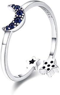 Crescent Moon Open Stacking Statment Rings Sterling Silver 925 Dainty Blue Crystal CZ Adjustable Double Star Engagement Eternity Wedding Ring Finger Band Fashion Jewelry for Women Girls