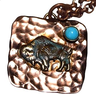 Copper Buffalo Pendant Necklace with Genuine Turquoise Gem for Men/Women - Detailed Rustic Design