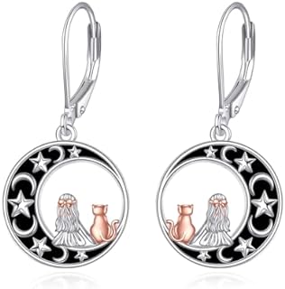 "Gentle Companionship" Sterling Silver Cat Dangle Earrings with French Clip and Black Onyx Embellishment, White Gold Plated