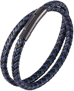 AIZU Black Blue Braided Leather Bracelet - Mens Genuine Leather Bracelets Woven with Leather Cord Rope & Steel Wire - Durable Stainless Steel Spring Clasp