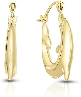 14k Yellow Gold Dolphin Hoop Earrings with Hinged Clasp for Women, Nautical Design
