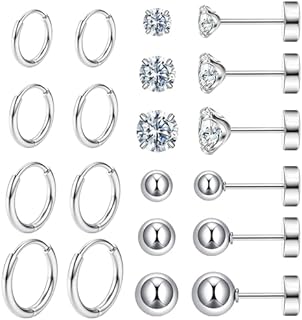 10 Pairs Surgical Steel Earrings Sets for Multiple Piercing, Lightweight Small Huggie Hoop Earrings, Flat Back Tiny Ball CZ Stud Earrings for Cartilage, Helix, Lobe, Hypoallergenic