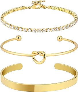 Zalcon Gold Bangle Cuff Bracelets for Women 14k Gold Plated Cubic Zirconia Tennis Bracelet Non tarnish Love Knot Bracelets Stack Cuff Bangles Adjustable Jewelry Set for Women 3pcs