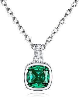 SILVERCUTE Birthstone Necklace, Sterling Silver Cushion Diamond Necklaces Square Cubic Zirconia Pendant Necklace for Women, Perfect Birthday/Anniversary/Wedding Gifts,18 Inch Chain