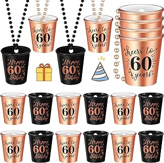 Uiifan 60th Birthday Celebration Shot Glasses Necklace in Black and Rose Gold for Party Supplies - Comes as a 12-Piece Set