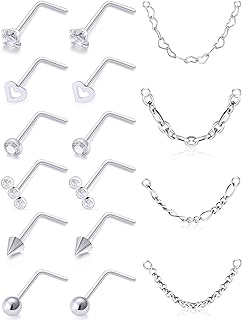 Ftovosyo Crystal-Studded Stainless Steel Nose Ring Chain Set with 20G Piercing - Versatile and Hypoallergenic Nostril Jewelry for Men and Women, Heart Design