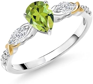 925 Silver 10K Yellow Gold Pear Shape Green Peridot White Moissanite and White Lab Grown Diamond Engagement Ring For Women (0.97 Cttw, Gemstone August Birthstone, Available in Size 5,6,7,8,9)