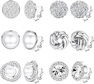 HAIAISO 6 Pairs Clip On Earrings Cubic Zirconia Pearl Knot Twist Clip On Earrings Non Pierced for Women Girls Clip Earrings Set