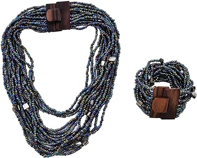 Handcrafted Boho Jewelry Set with Wooden Buckle Clasp, Multi-Strand Seed Bead Necklace & Bracelet for Women, Layered Design, 18 inches