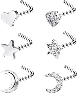 20G Moon & Other Shaped Nose Ring Studs in 316L Stainless Steel with CZ Gems for Stylish Piercings- Set of 6