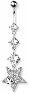 Pierced Owl 14GA 316L Stainless Steel Triple CZ Crystal and Star Dangling Belly Button Ring