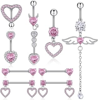 Misdary 8 Pcs Nipple Ring and Belly Button Ring Set Stainless Steel CZ Heart Curved Nipple Barbells Nipple Piercing Jewelry