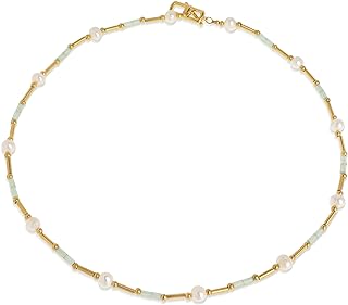 18k Gold Plated Stainless Steel Tiger Eye Gemstone Pearl Bead Choker Necklace with Toggle Clasp for Women and Girls in Boho Statement Design