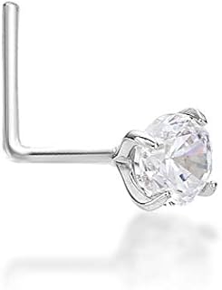 Lavari Jewelers Cubic Zirconia Nose Stud in 14k White Gold with L-Shape Design, Hypoallergenic Unisex Body Piercing Jewelry-22G