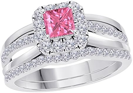 Princess Cut 2CT Pink Sapphire & CZ Sterling Silver Split Shank Engagement Ring Set for Her, Wedding Bridal Design