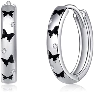 Sterling Silver Butterfly Hoop Earrings for Women and Girls with Push Back Mechanism, No Gemstone, Ideal Mother's Day Gift