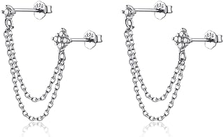 Lansora Double Piercing Earrings Silver Gold Cz Cubic Zirconia Stone Chain Link Dangle Stud Earrings