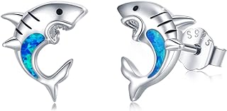 Blue Opal Shark Stud Earrings with Hinged Hoop for Women and Teen Girls, Sterling Silver Paw Print Design