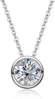 Spring Ring Clasp Moissanite Choker Necklace, Round Cut Lab-Created Diamond Pendant, 18K White Gold Plated 925 Sterling Silver Cable Chain for Men & Women, Bezel Set Design