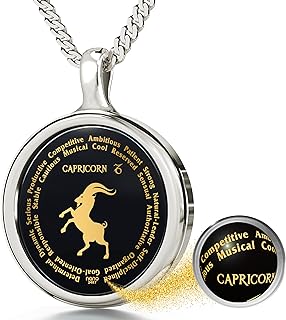 Capricorn Necklace Zodiac Pendant for Birthdays 22nd December to 19th January with Star Sign and Personality Characteristics Inscribed in 24k Gold on Round Black Onyx Gemstone, 18" Rolo Chain