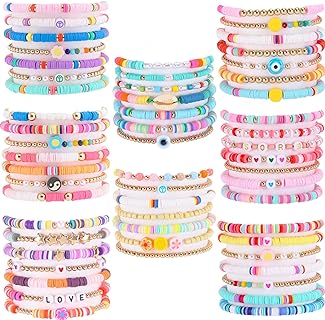 WAINIS 56 Pcs Preppy Heishi Bracelets for Women Colorful Heart Star Evil Eye Flower Beaded Polymer Clay Pearl Stackable Bracelet Charm Y2K Kidcore Summer Beach Surfer Bohemian Layering Bracelets
