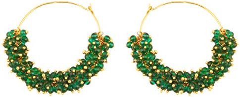 Touchstone "Tribal Bohemian Chic" Indian Bollywood Green Beads Gold Hoop Earrings with Push Back Design for Women
